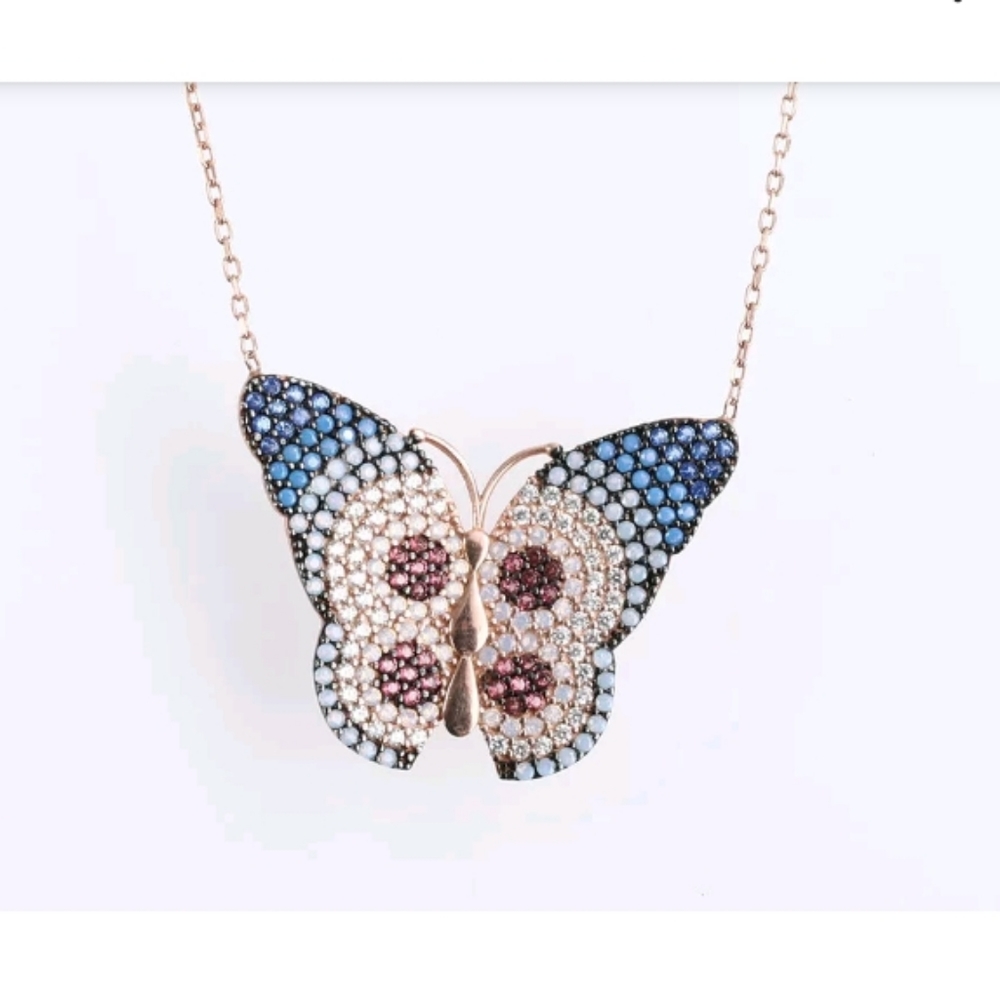 Sapphires turquoise topaz&ruby rose gold butterfly - Picture 4 of 4